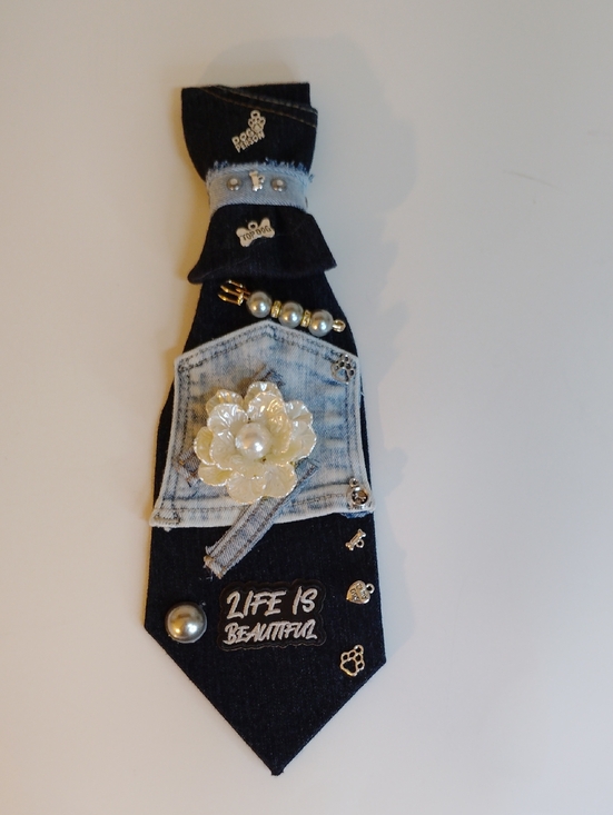 Accessories - Dog Lovers Denim Tie with Pearl Flower